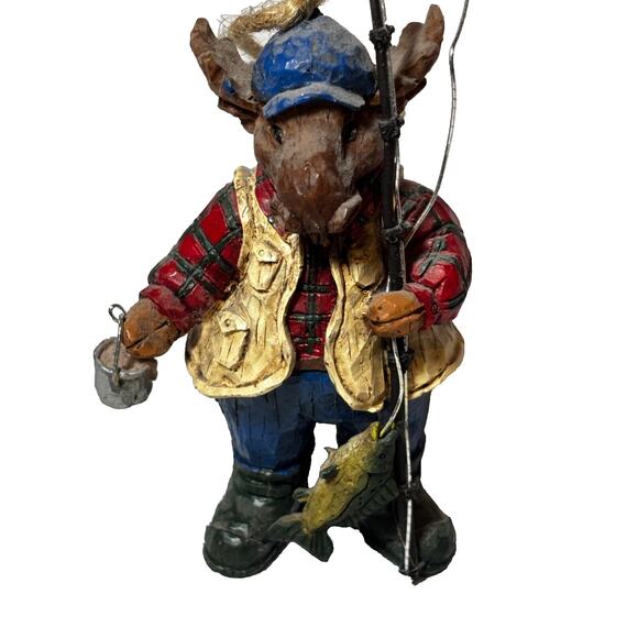 Moose Fisherman Christmas Ornament Fish on the Line Moose 3.5” Cabin woodsy - Picture 1 of 7